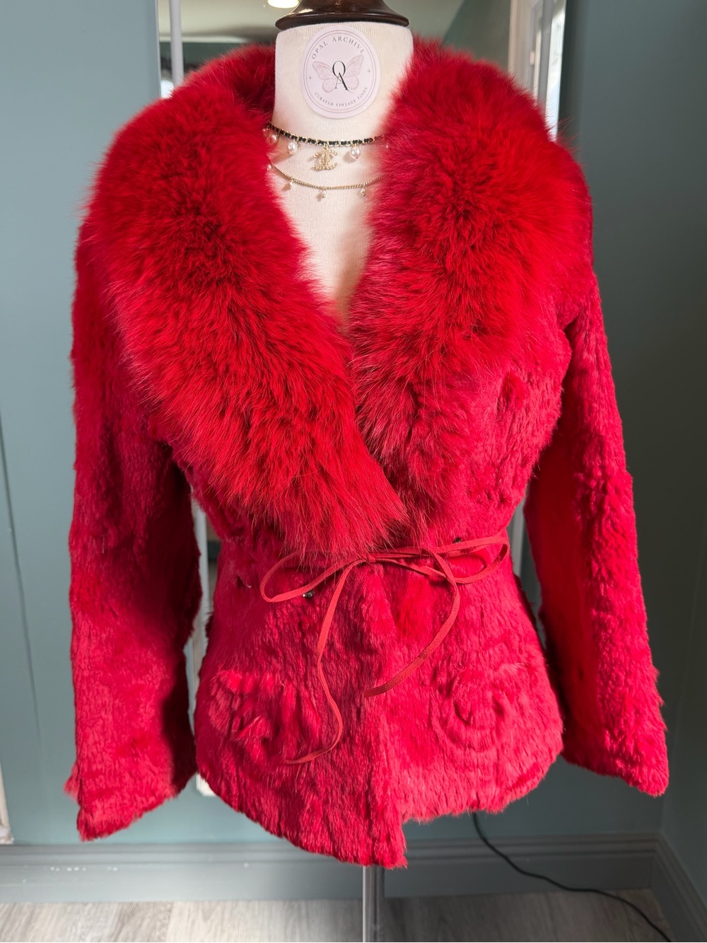 Vintage Red Fox Fur Collar Rabbit Fur Jacket Y2K Cinched Waist Cropped XS/S